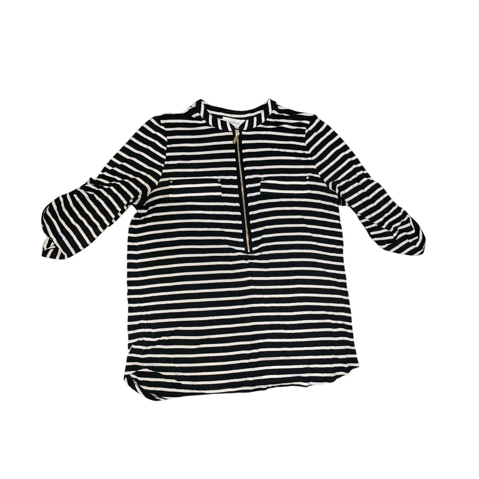 Calvin Klein Women Top Blouse Black and White Long Sleeve Striped Rayon