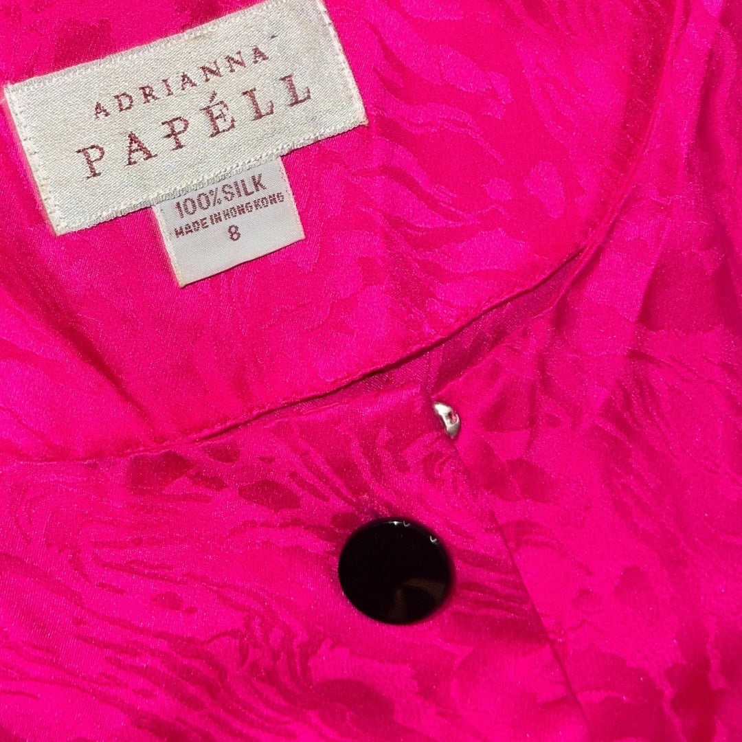 Adrianna Papell Vintage 100% Silk Hot Pink Front Button Up Midi Dress Size Small