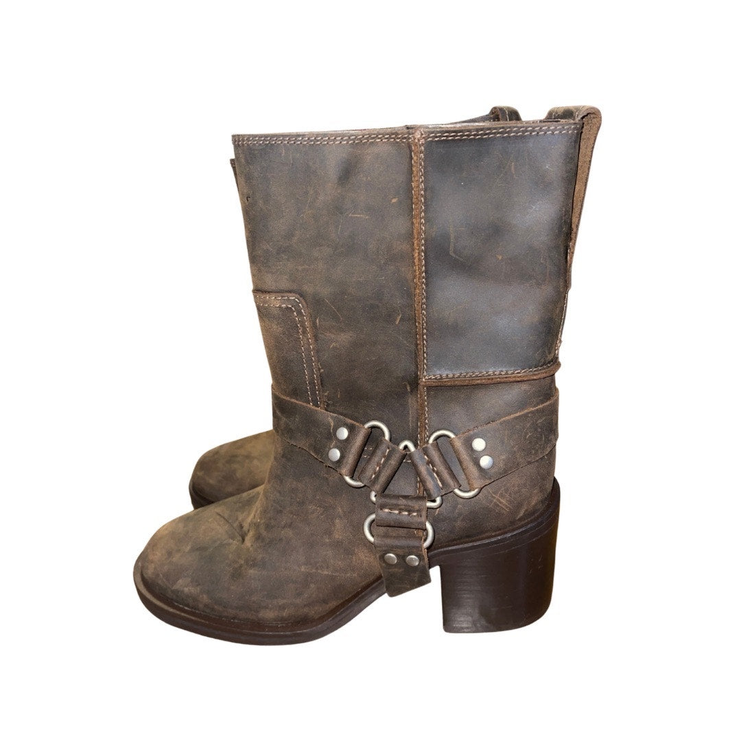 Zara Block Heeled Leather Mid Calf Round toe Boots Bucket Western Rider Biker Size 8 NWT