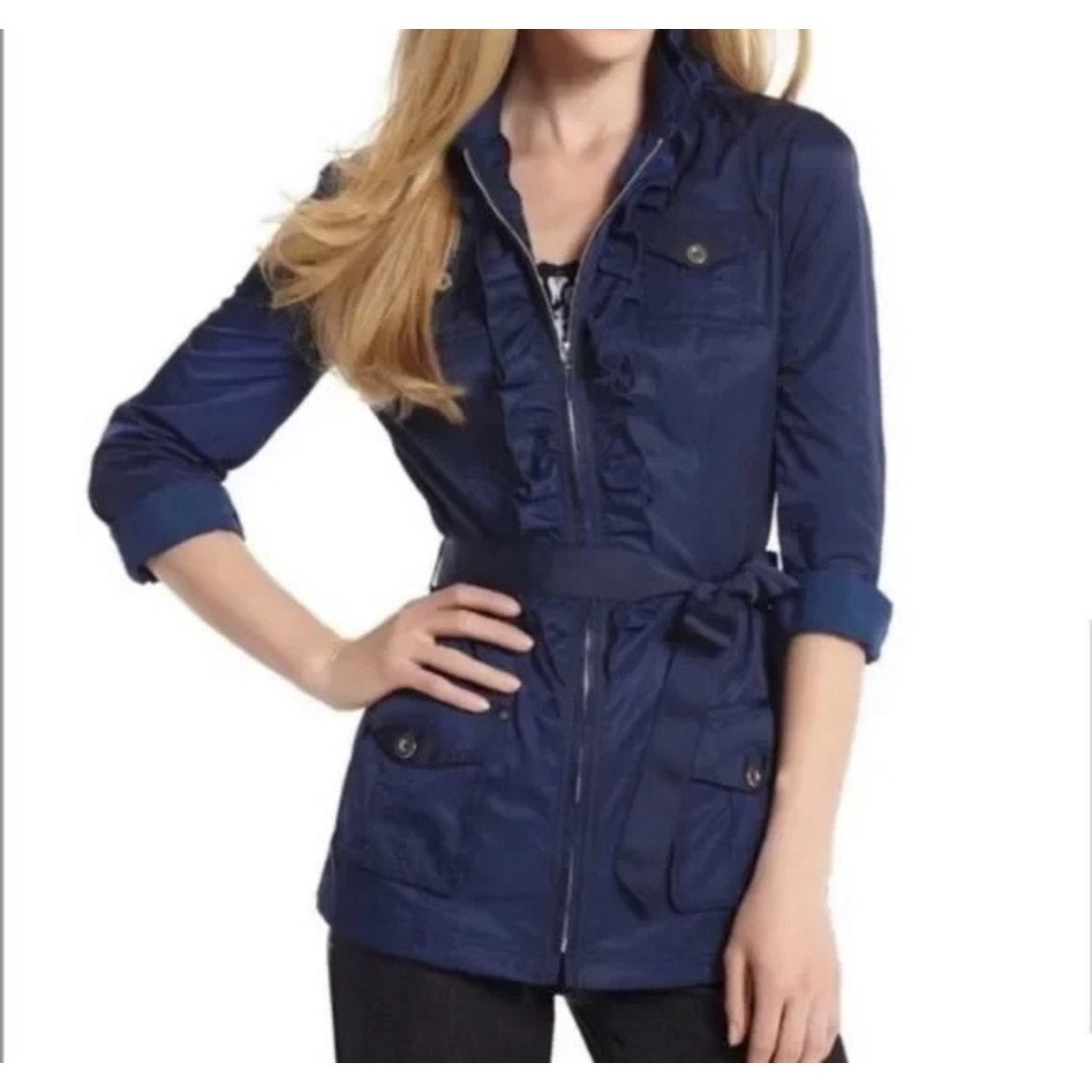 White House Black Market Belted Blue Nylon Ruffle Jacket coat Zip up Size XS
