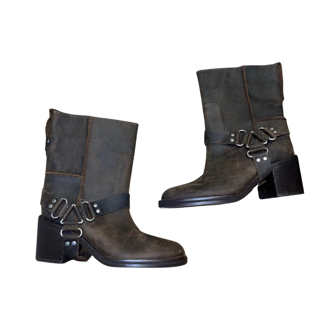 Zara Block Heeled Leather Mid Calf Round toe Boots Bucket Western Rider Biker Size 8 NWT