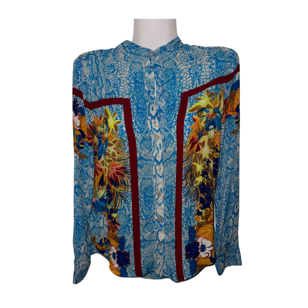 BCBGMAXAZRIA Snake print floral Top Blouse Long sleeve Button up Size XS