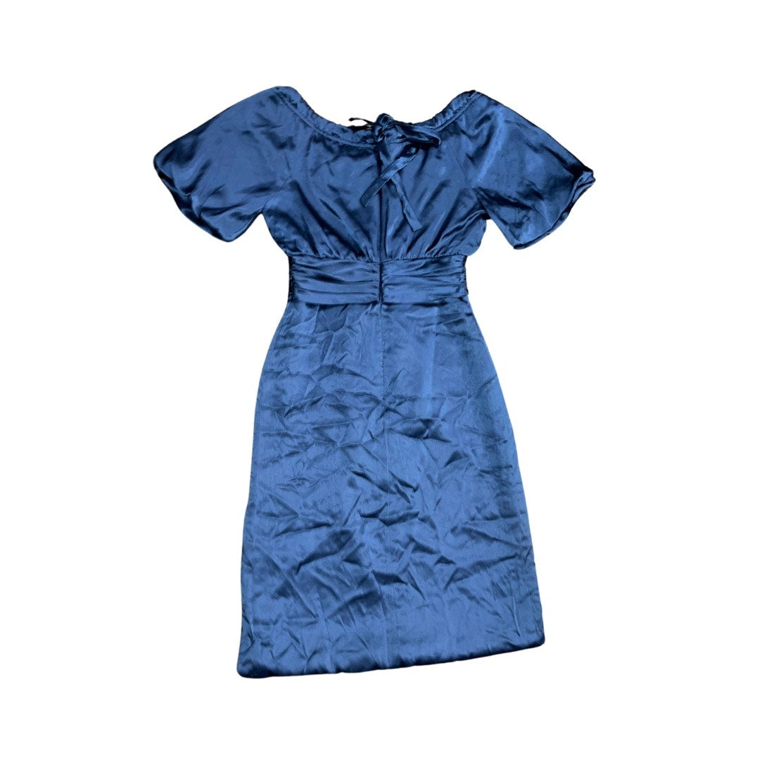 BCBG Paris Navy Blue Satin like Dress tie cinched waist knee length formal Size 2