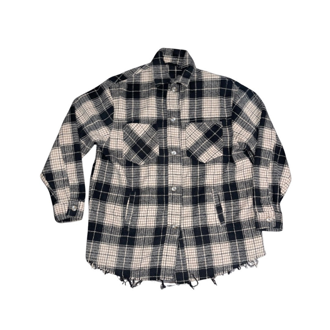 Akair Flannel Plaid long sleeve button up shirt shred hem shaket size S