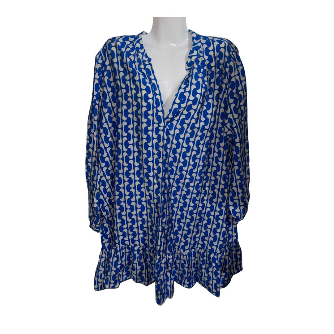 Zara Paula Blue & White Print Puff Sleeve Mini Loose Fit Dress Ruffle Hem Size XXL