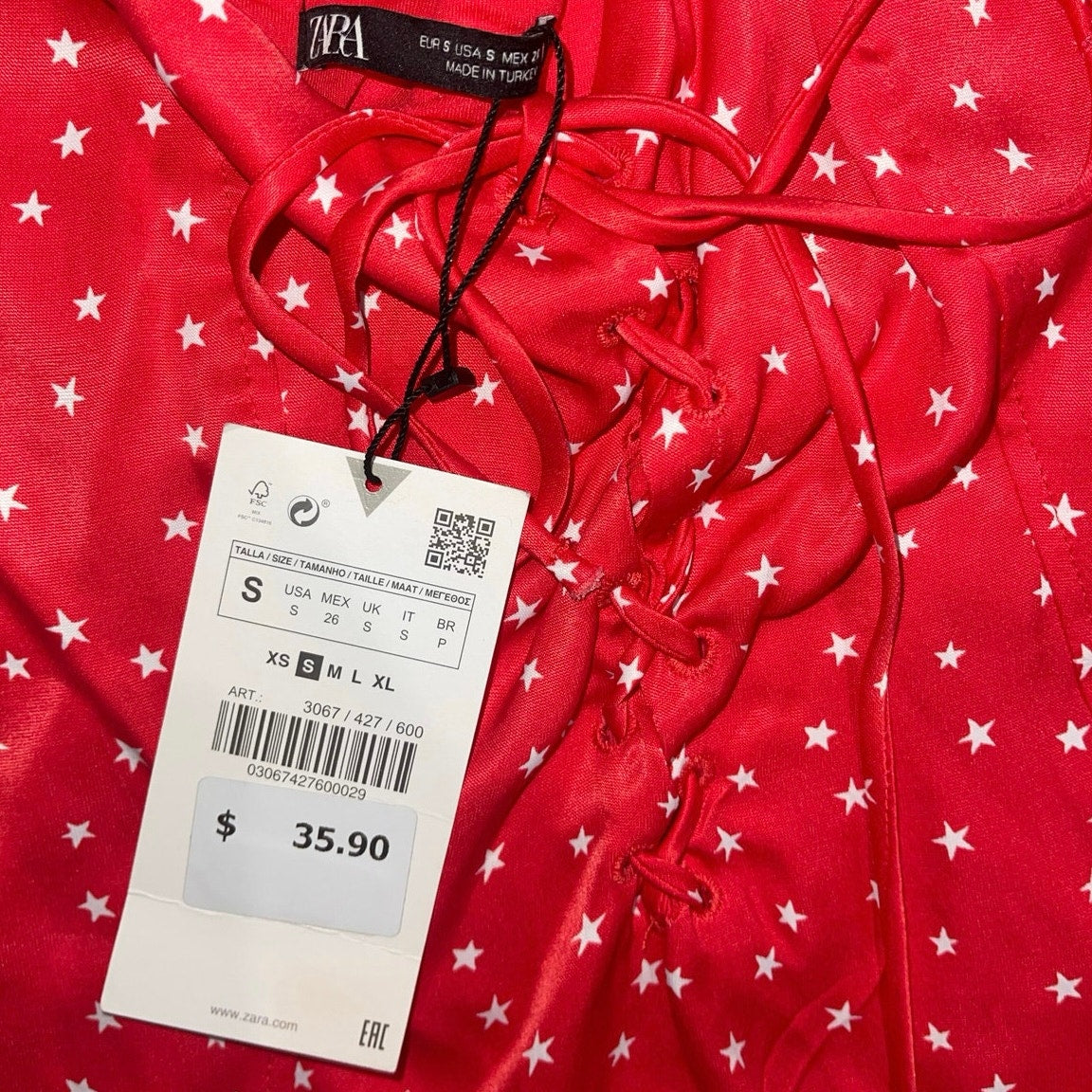 Zara Star Print Bodysuit Red Front Tie Size Small NWT