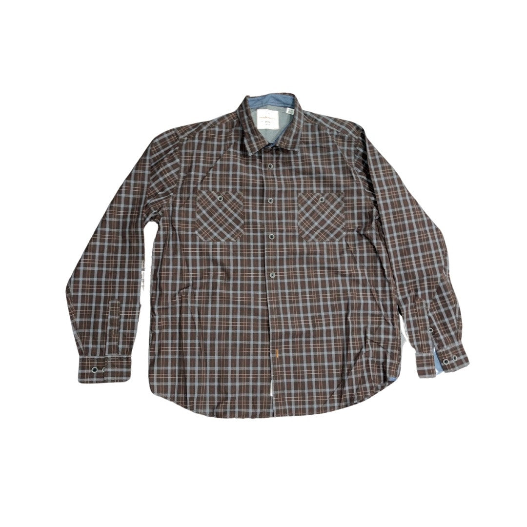 Weatherproof Brown Plaid Long Sleeve Button Up business casual collar shirt