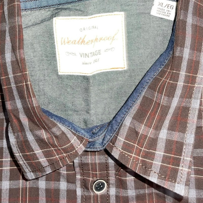 Weatherproof Brown Plaid Long Sleeve Button Up business casual collar shirt