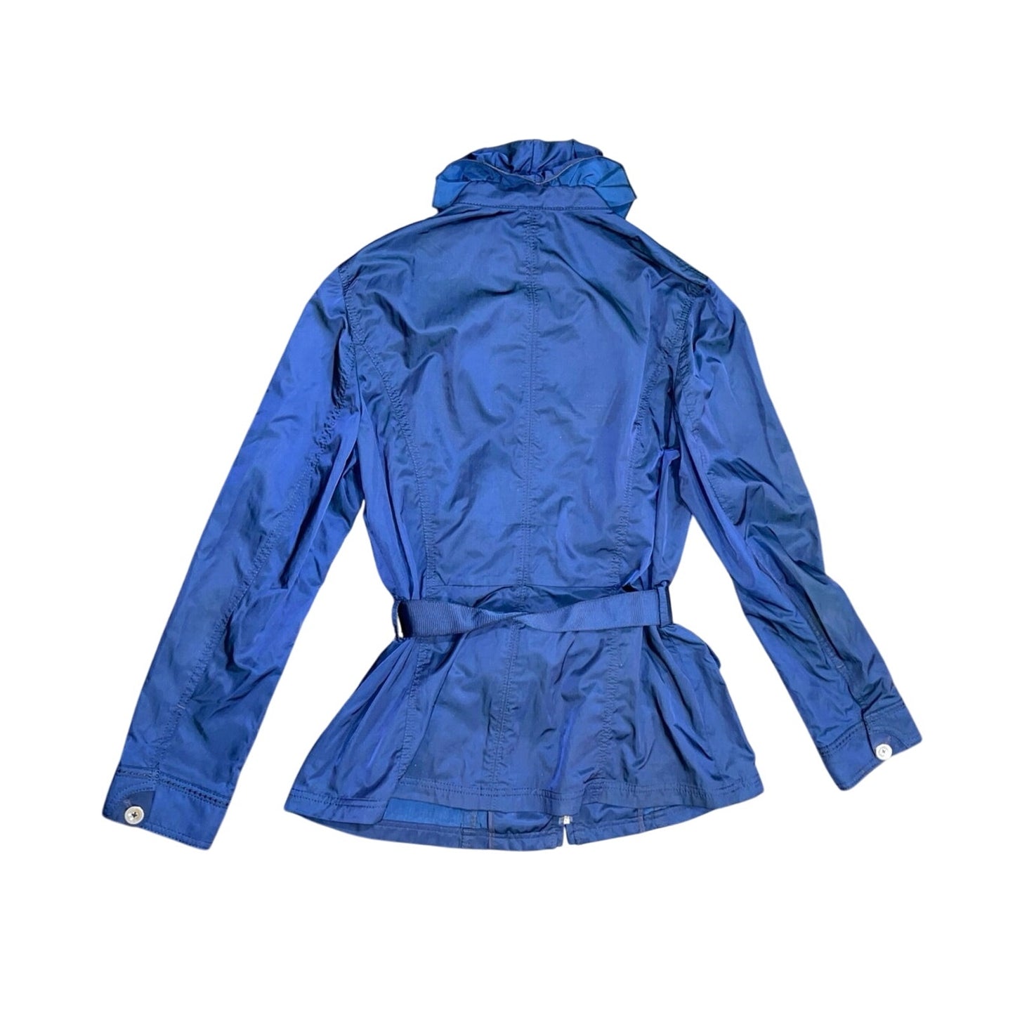 White House Black Market Belted Blue Nylon Ruffle Jacket coat Zip up Size XS