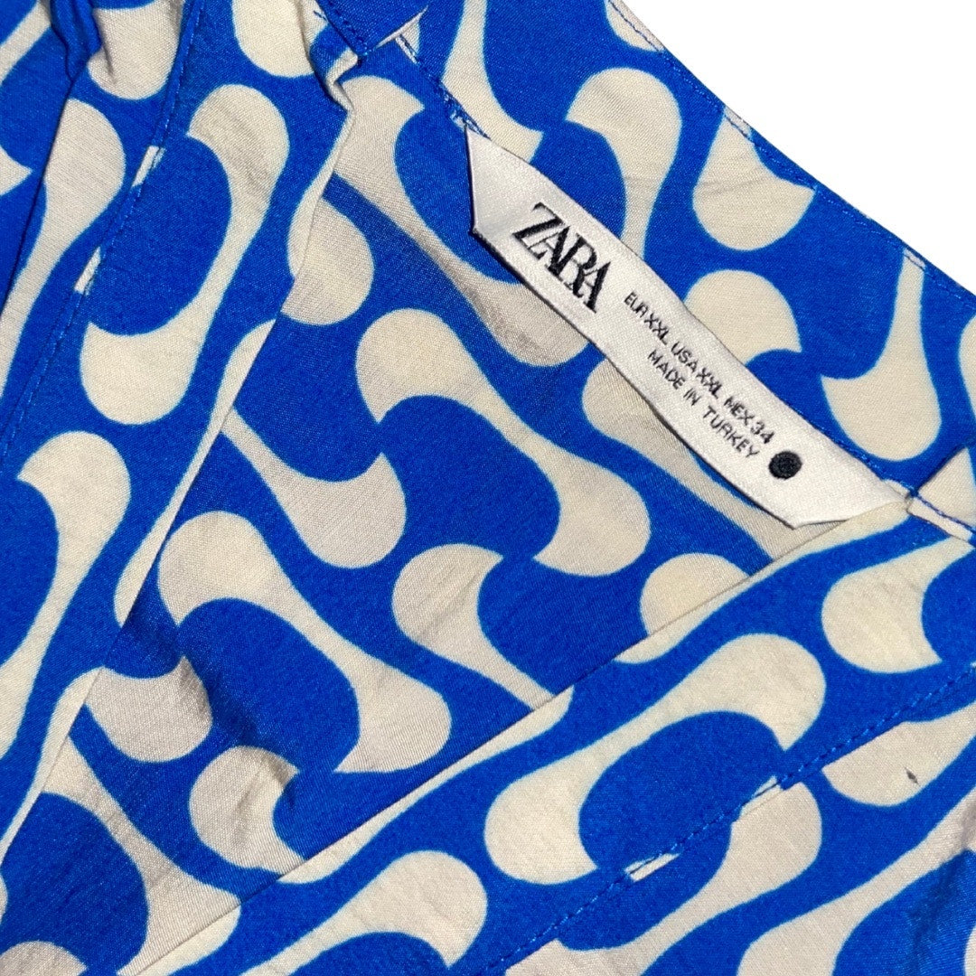 Zara Paula Blue & White Print Puff Sleeve Mini Loose Fit Dress Ruffle Hem Size XXL