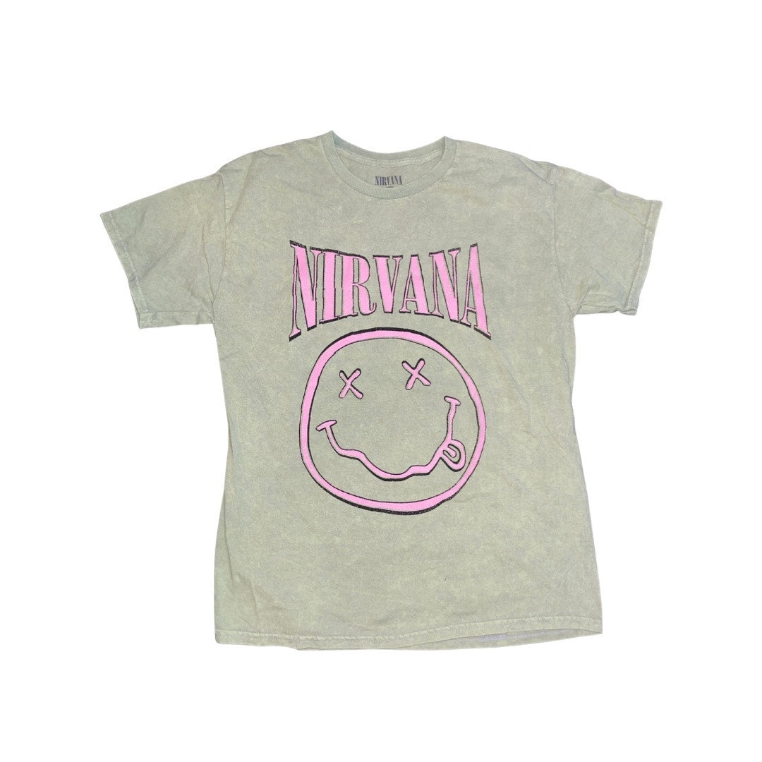Nirvana Band Tee Smiley Face Grunge Punk Distressed Green Size Large