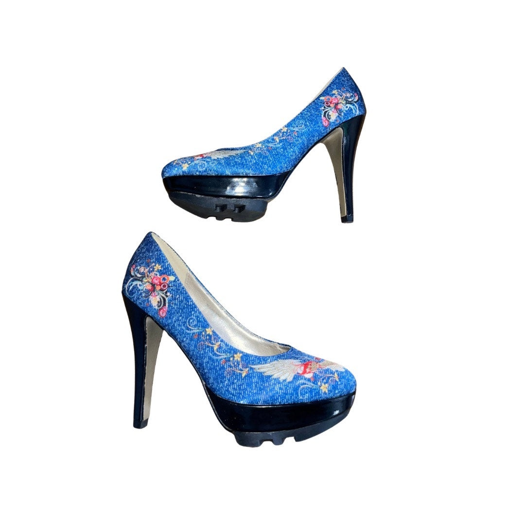 Annie Pinky Denim Floral Angel Wings High Heel Platform Stiletto Pump Size 6.5