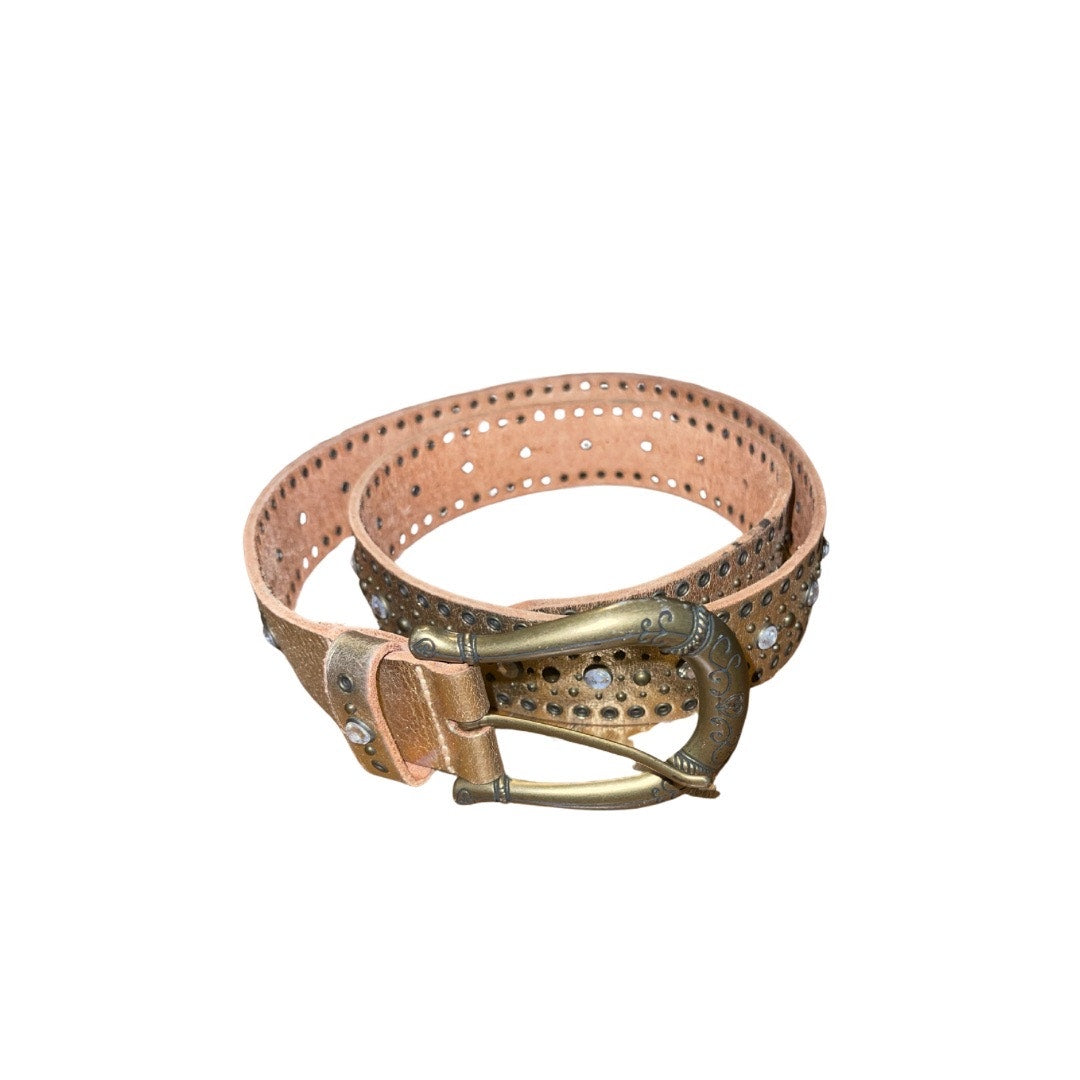 Womens Fossil Studded Rhinestone Belt Western Buckle Cowgirl Gold Metallic Size Medium