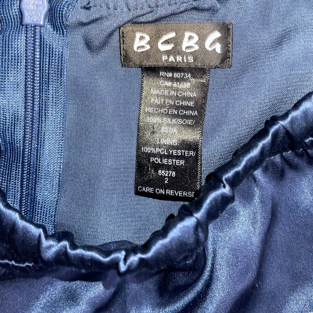 BCBG Paris Navy Blue Satin like Dress tie cinched waist knee length formal Size 2