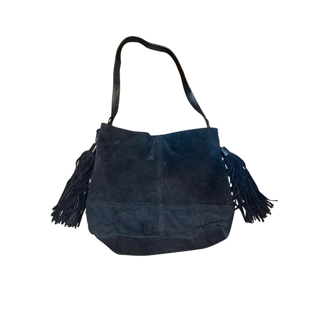 Zara Black Suede Leather Purse Linen Lined Shoulder Handbag Tassel Fringe