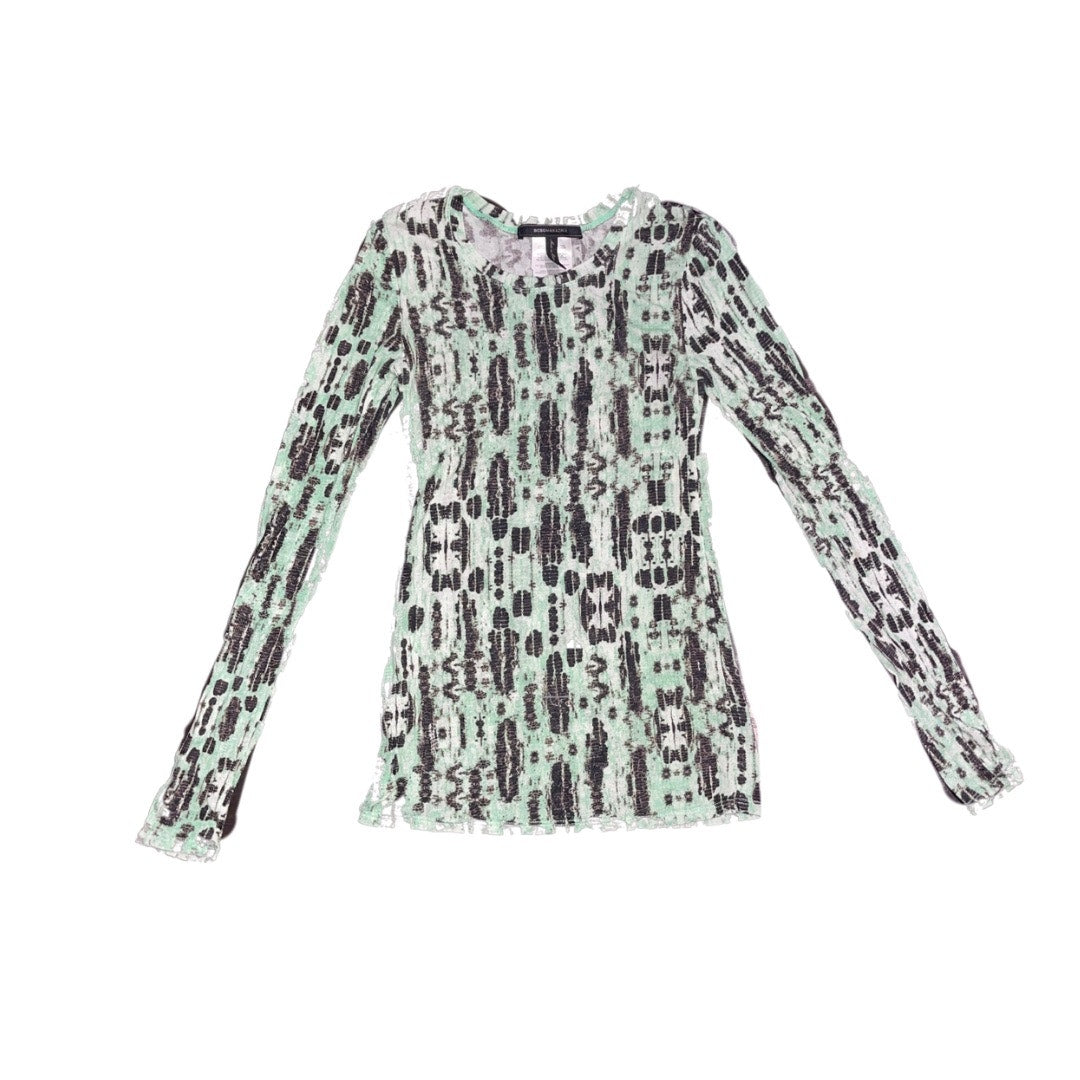 BCBGMAXAZRIA Long Sleeve Printed Shirt Green Top Blouse Light Sheer Size Small