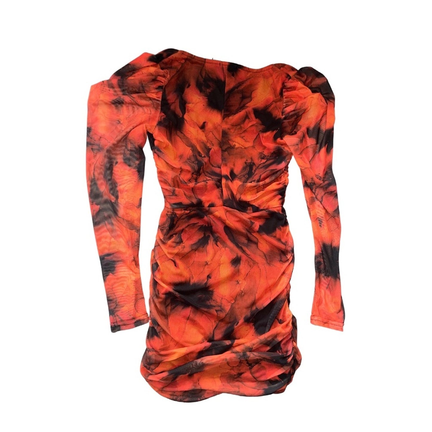 Boohoo Printed Mesh Ruched Long Sleeve Dress NWT