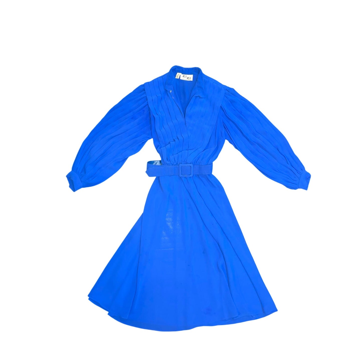 Zi ZI by Barbara Chadas 90's Vibrant Blue Classic Long Sleeve Shirt Dress Pleated