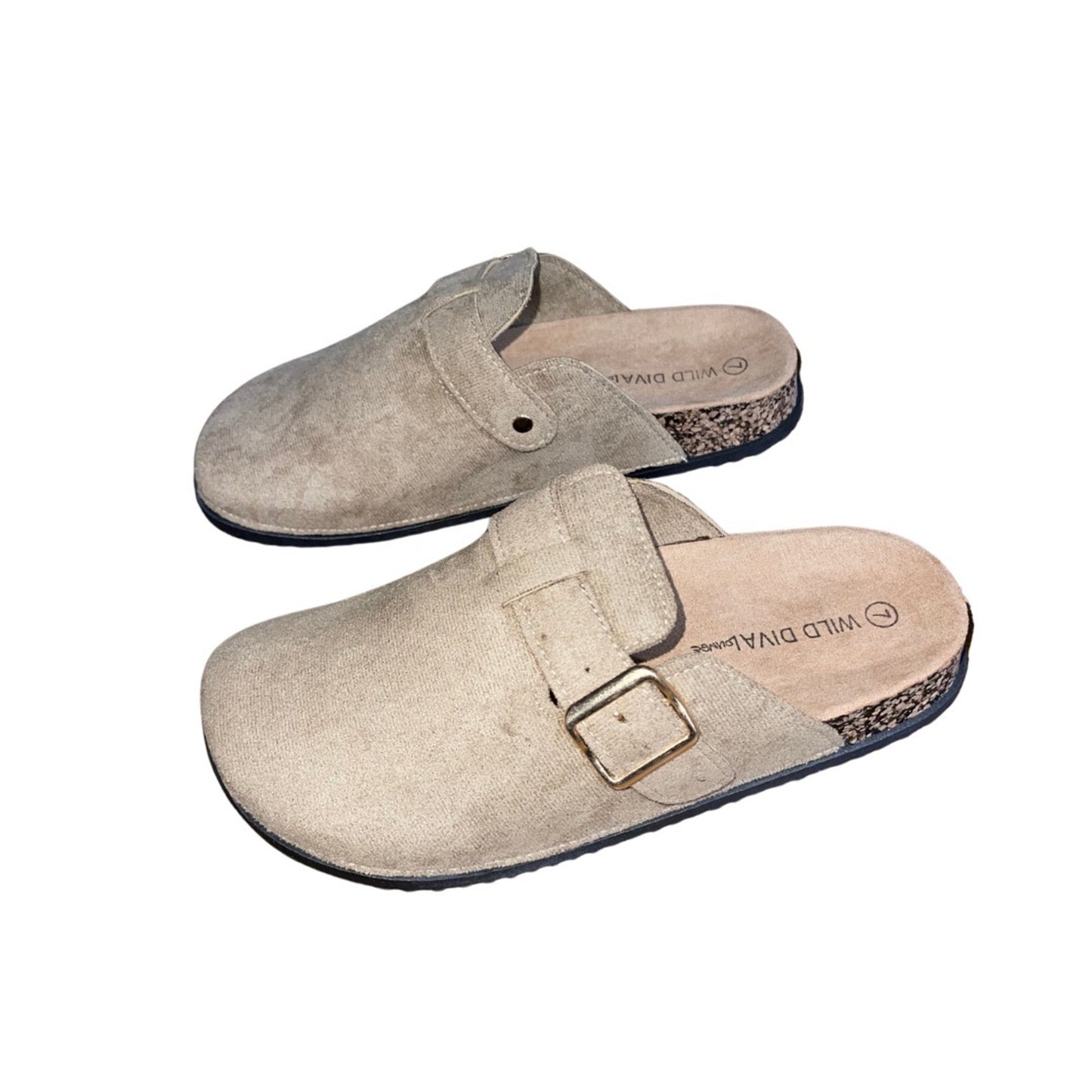 Wild Diva Slip on Mules Cork like Sole adjustable buckle faux suede NWT