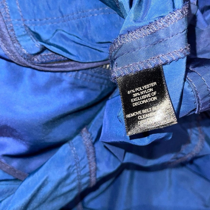 White House Black Market Belted Blue Nylon Ruffle Jacket coat Zip up Size XS