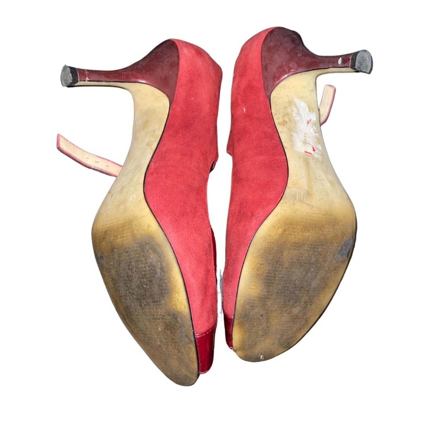 Anne Klein Mary Jane Peep Toe Red Suede Leather Heels Pumps