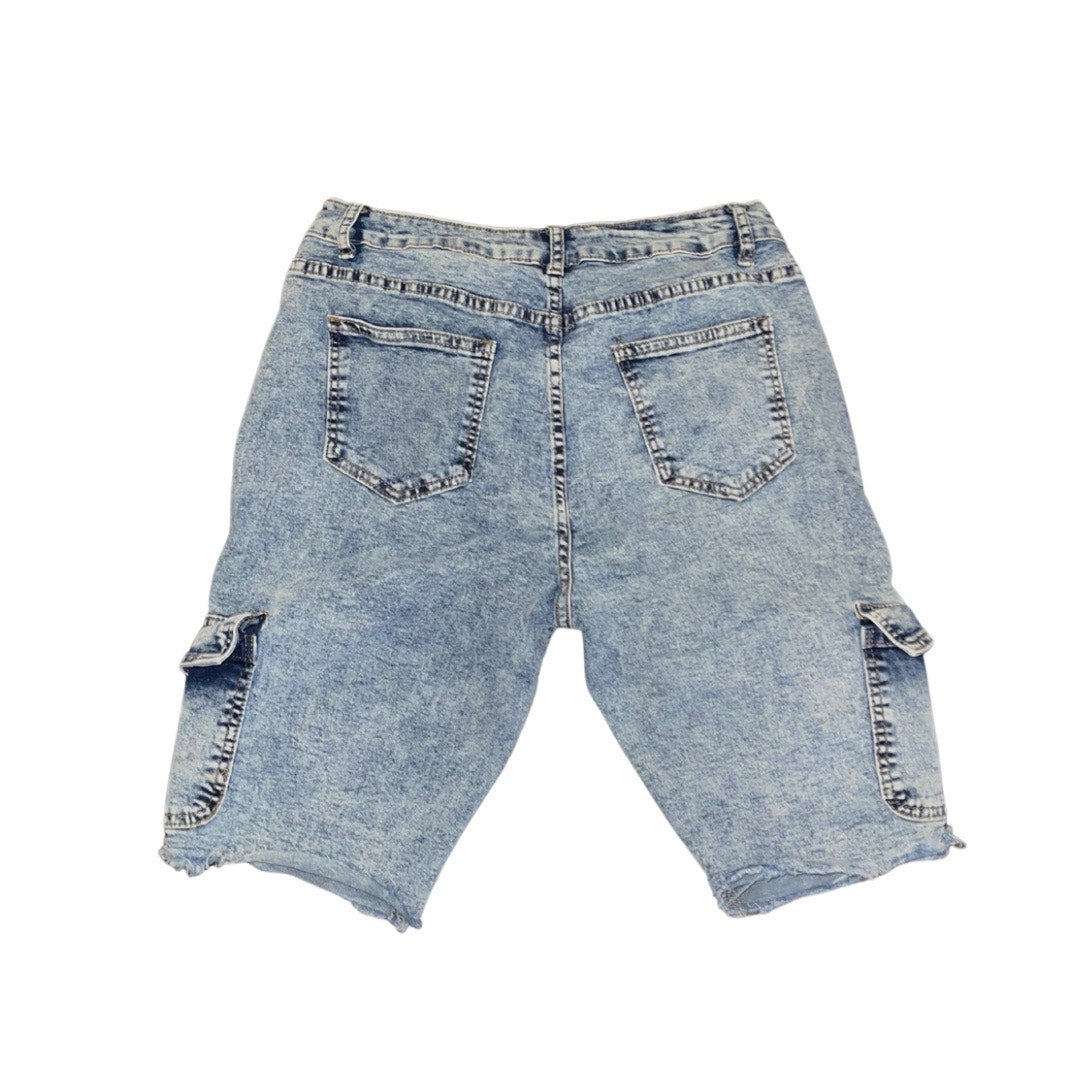 Women High Waist Denim Cargo Shorts Light Wash Frayed Hem mid Length Size L