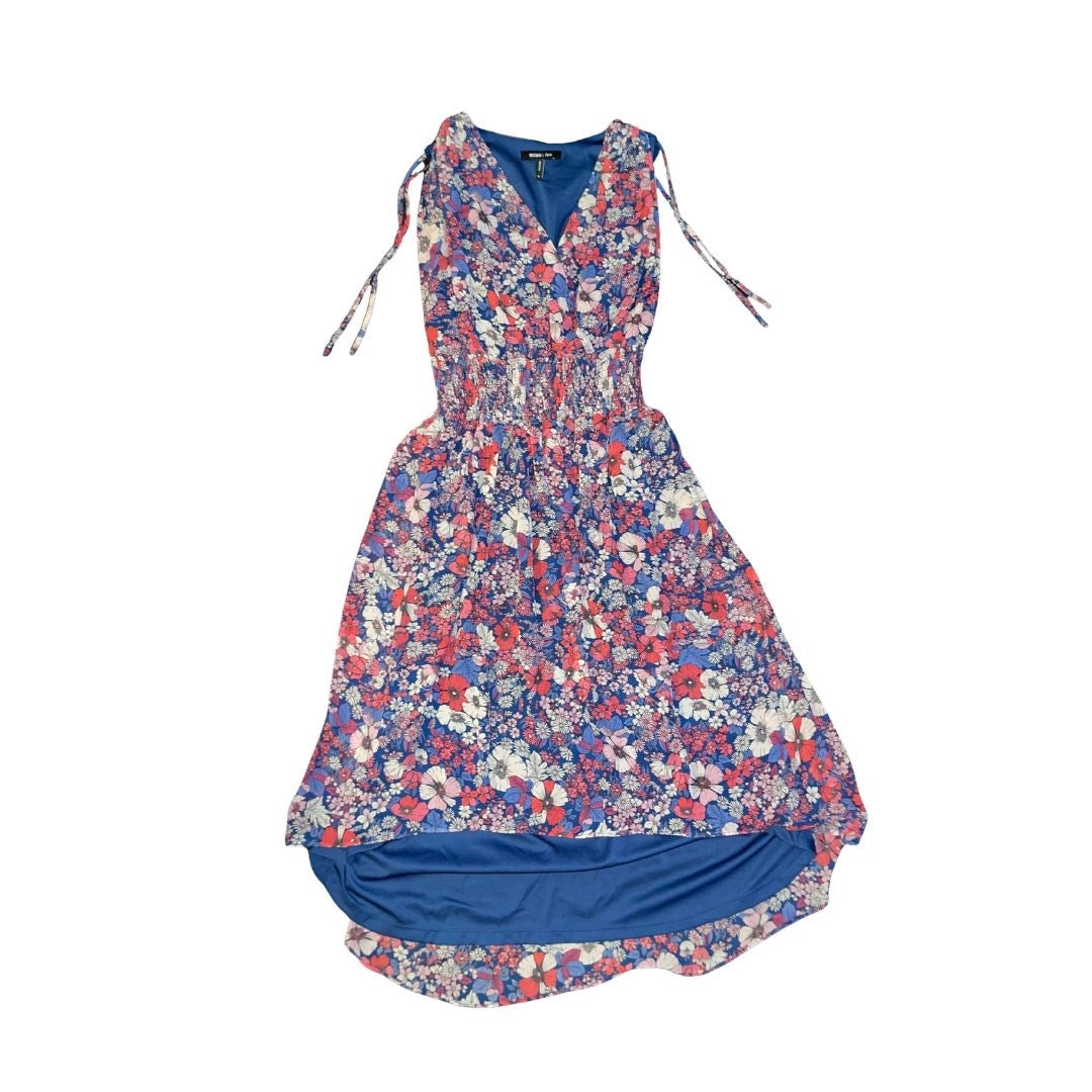 BCBG Paris Women's Floral Dress Ruffle Sleeve Midi Ruched Waist SIze Medium
