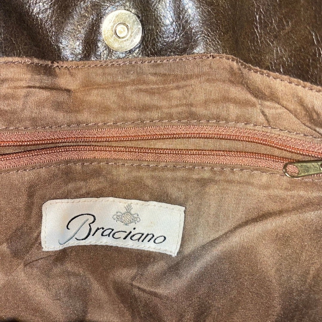 Braciano Large Handbag Dark Brown Tote Shoulder Purse Metallic Accents