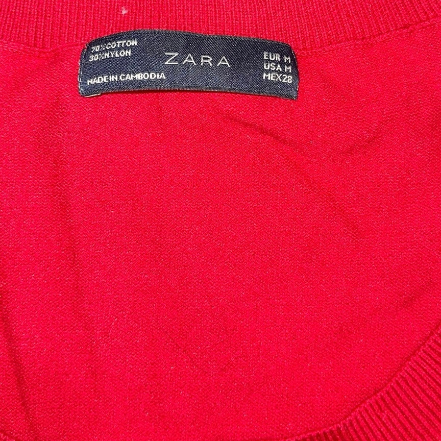 Zara Red Cotton Blend Fitted Sweater Size Medium