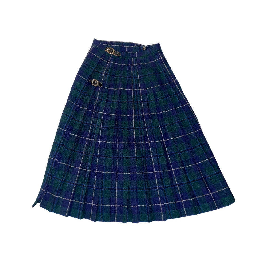 Vintage Glengary Pleated Kilt Pleated Wrap Navy Blue Wool Scotland Size SM
