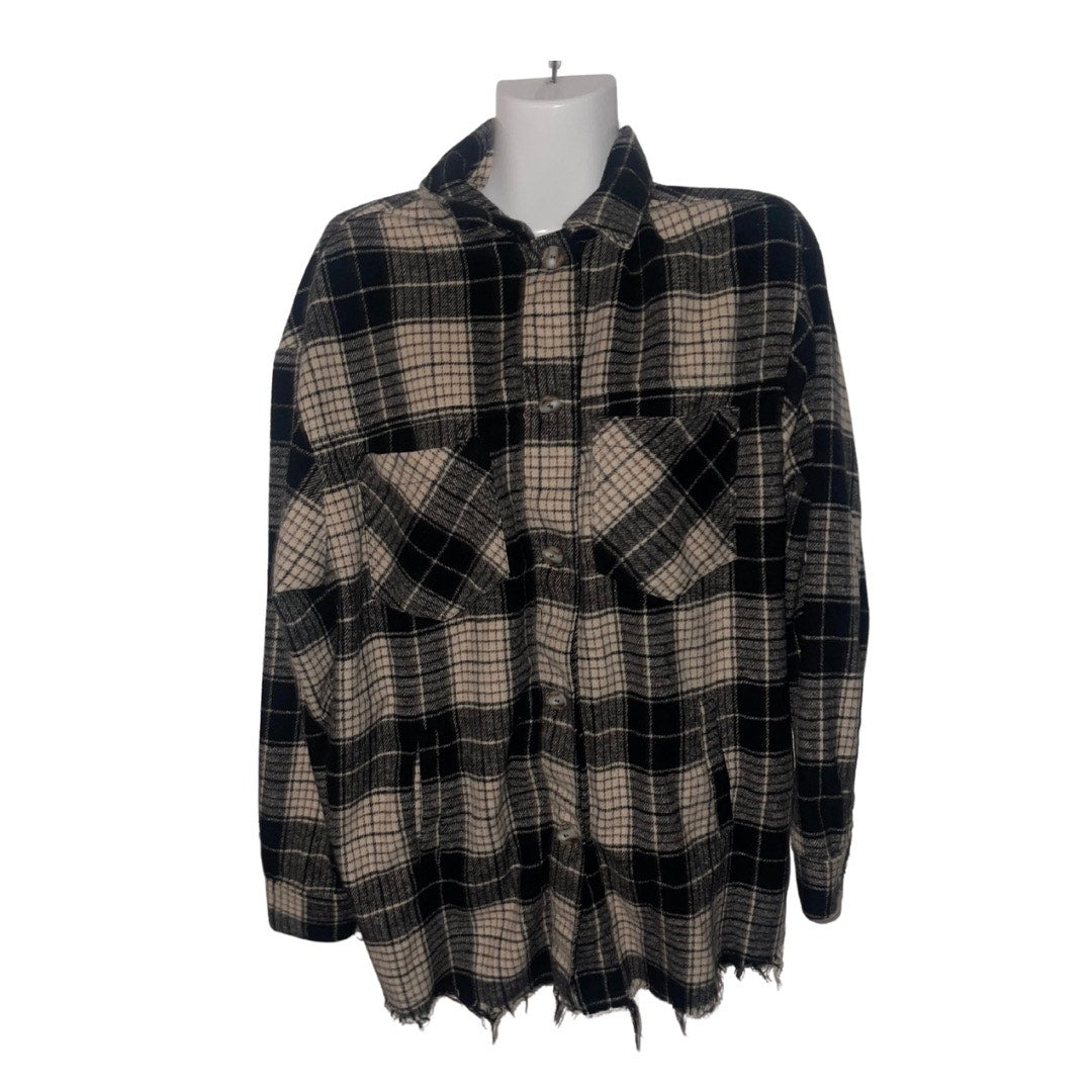 Akair Flannel Plaid long sleeve button up shirt shred hem shaket size S