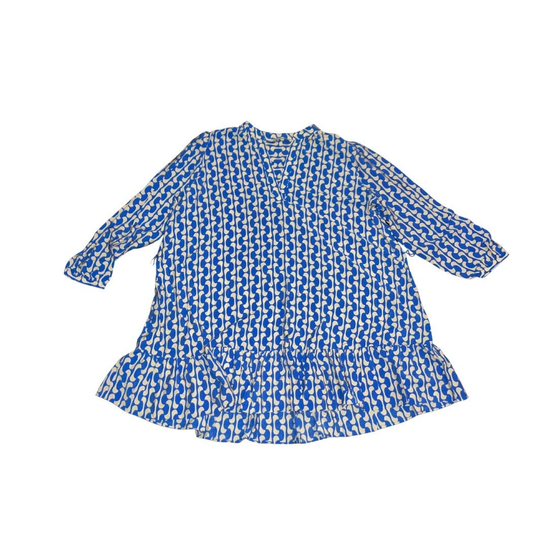 Zara Paula Blue & White Print Puff Sleeve Mini Loose Fit Dress Ruffle Hem Size XXL