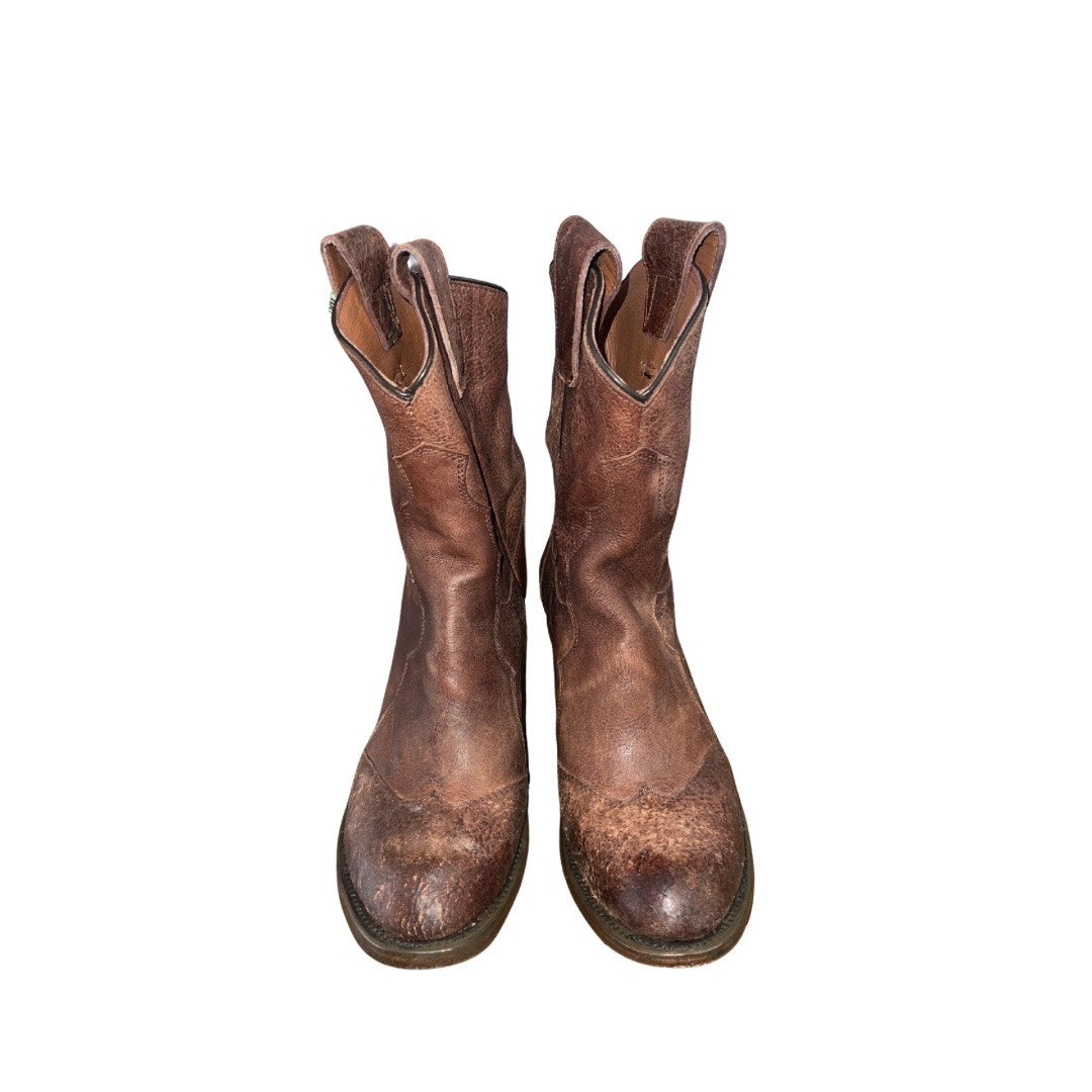 ASH Women's Western Cowboy Distressed Brown Leather Boots Stacked Heel Size 8.5