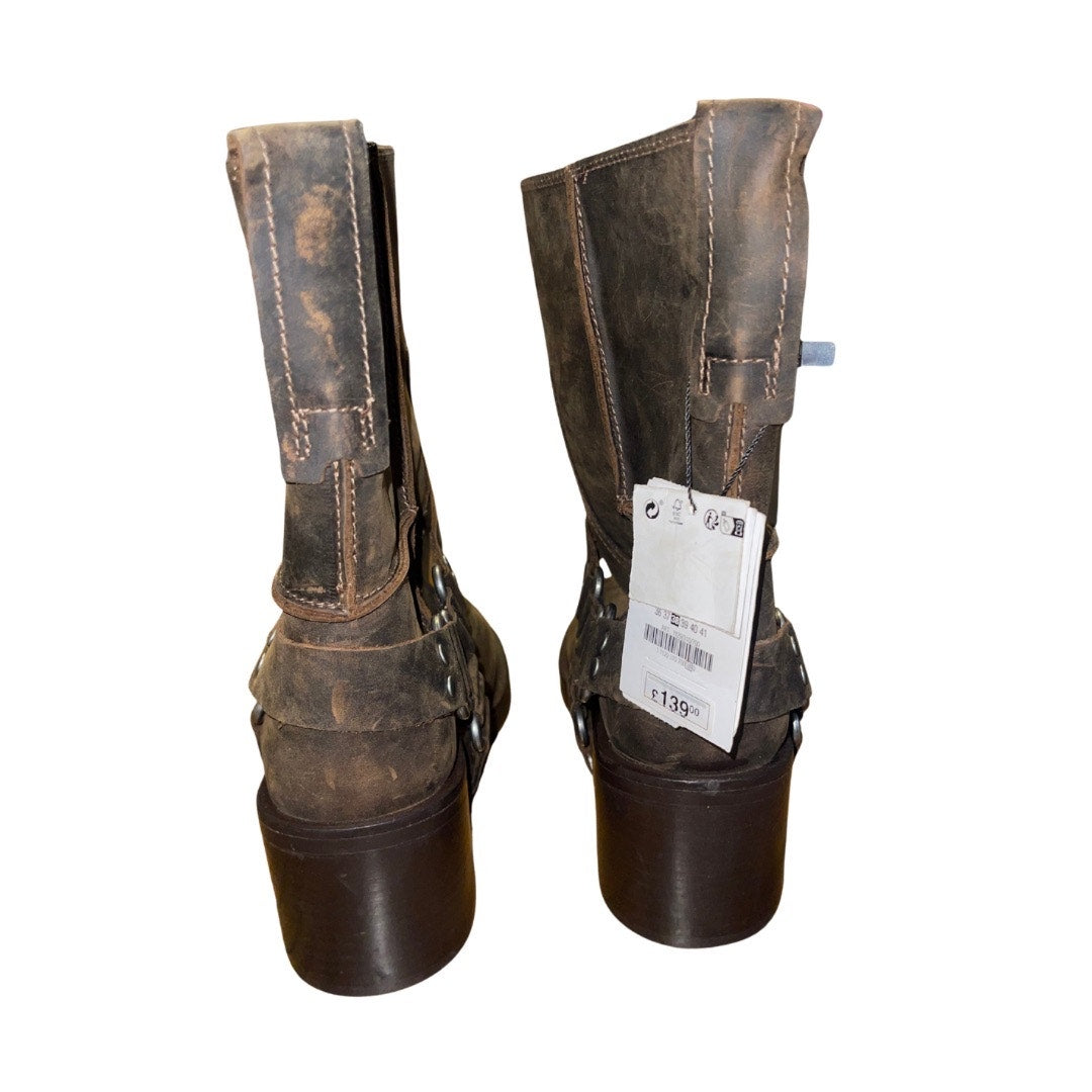 Zara Block Heeled Leather Mid Calf Round toe Boots Bucket Western Rider Biker Size 8 NWT