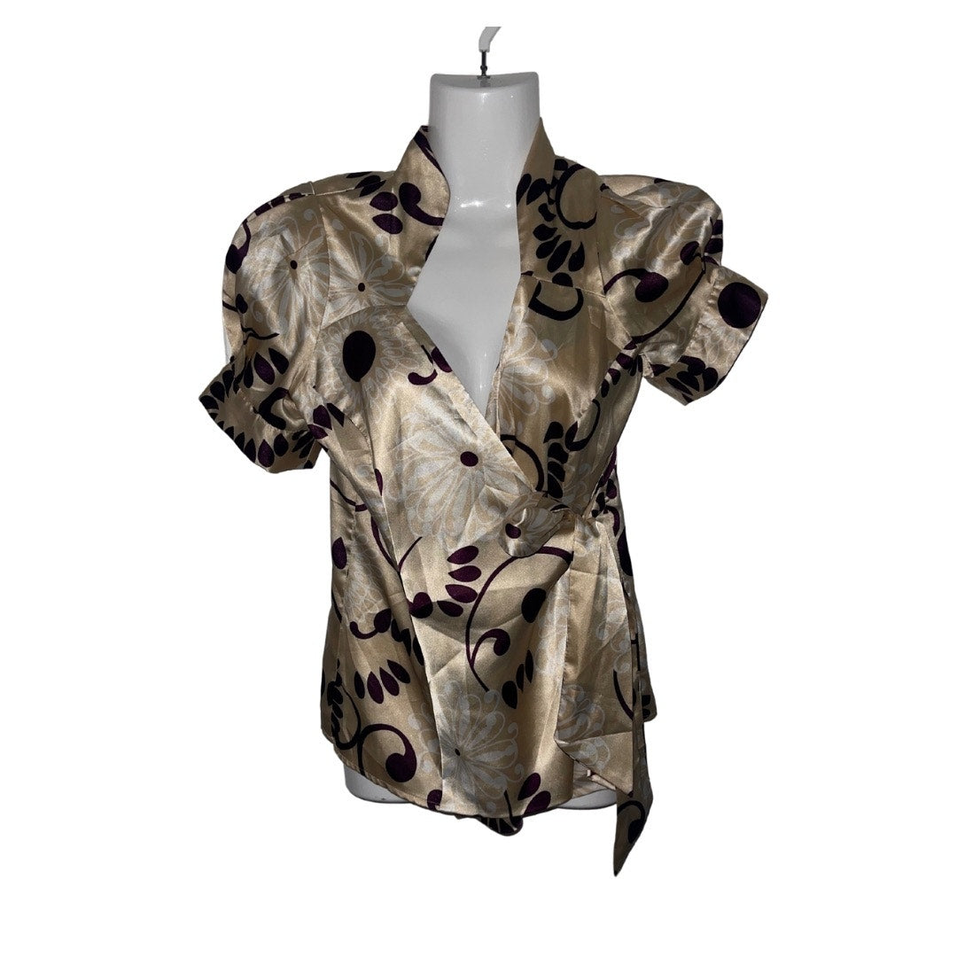 BCBGMAXAZRIA Women's Ivory print Satin Like Wrap Blouse Top Y2K Size XS