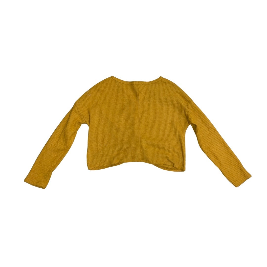 Women waffle knit mustard yellow long sleeve cropped tie front crop top Y2K