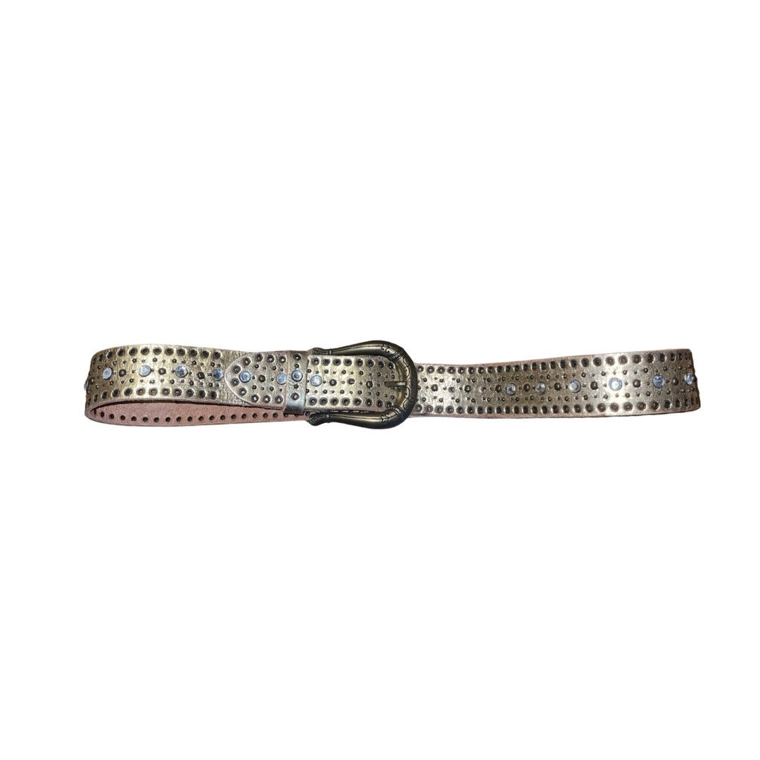 Womens Fossil Studded Rhinestone Belt Western Buckle Cowgirl Gold Metallic Size Medium