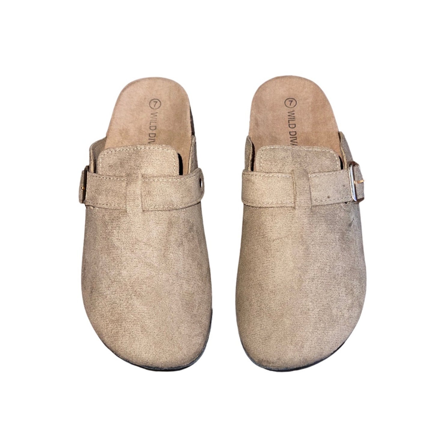 Wild Diva Slip on Mules Cork like Sole adjustable buckle faux suede NWT