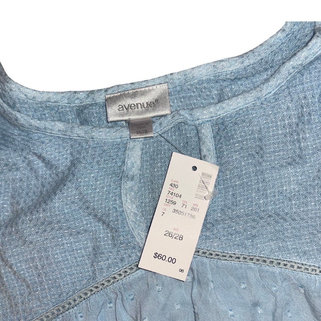 Avenue Light Blue Babydoll Blouse Women Top Plus Size 26/28 Boho NWT