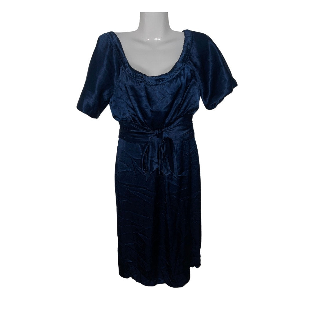 BCBG Paris Navy Blue Satin like Dress tie cinched waist knee length formal Size 2