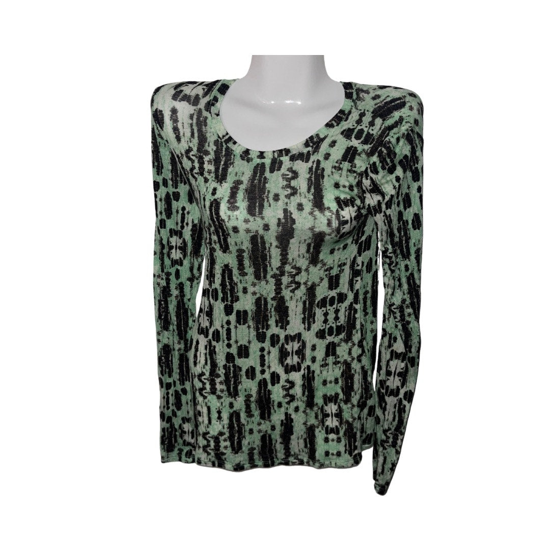 BCBGMAXAZRIA Long Sleeve Printed Shirt Green Top Blouse Light Sheer Size Small