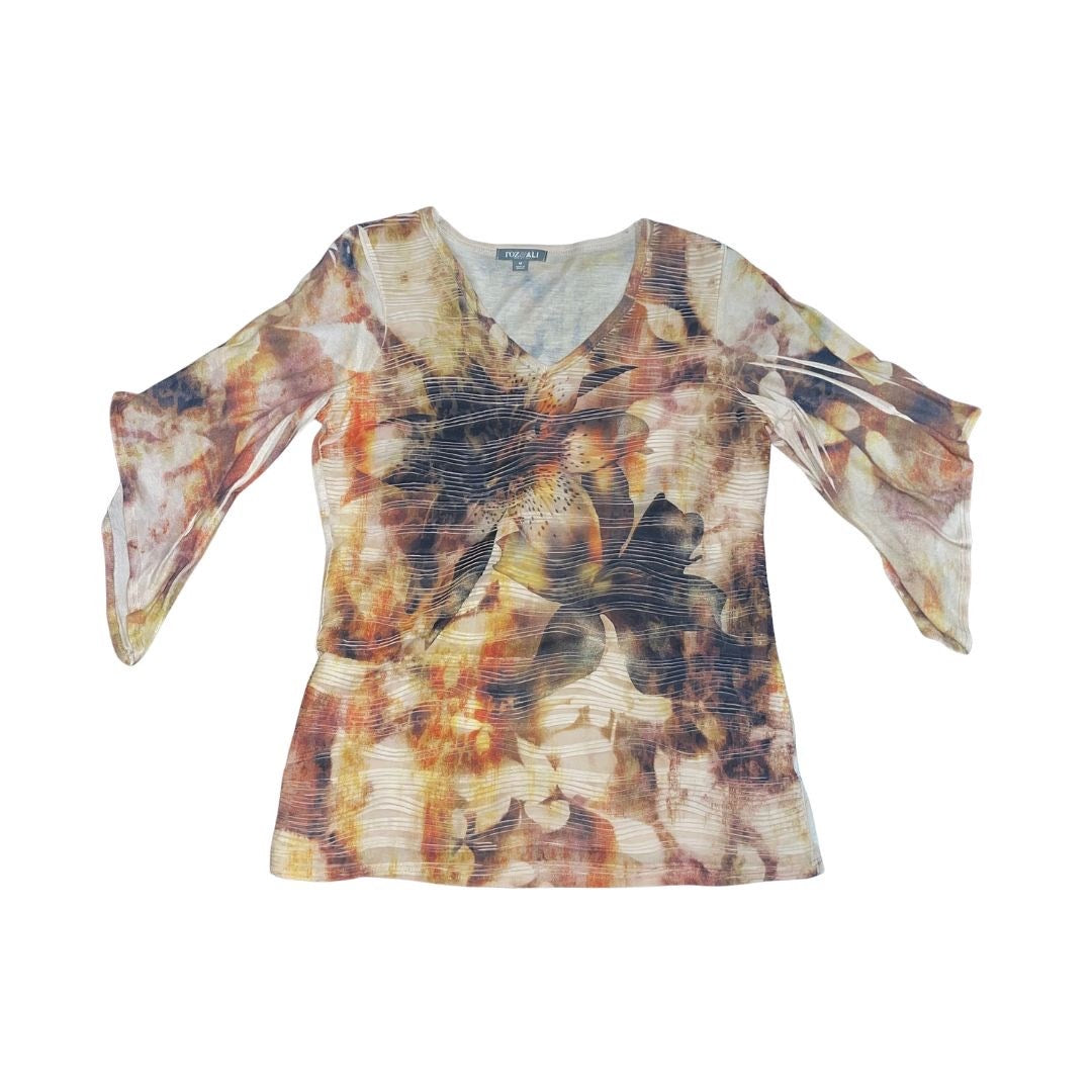 Roz & Ali Multicolor Floral Blouse Mesh Top V-neck Bell Sleeves Size Medium Boho