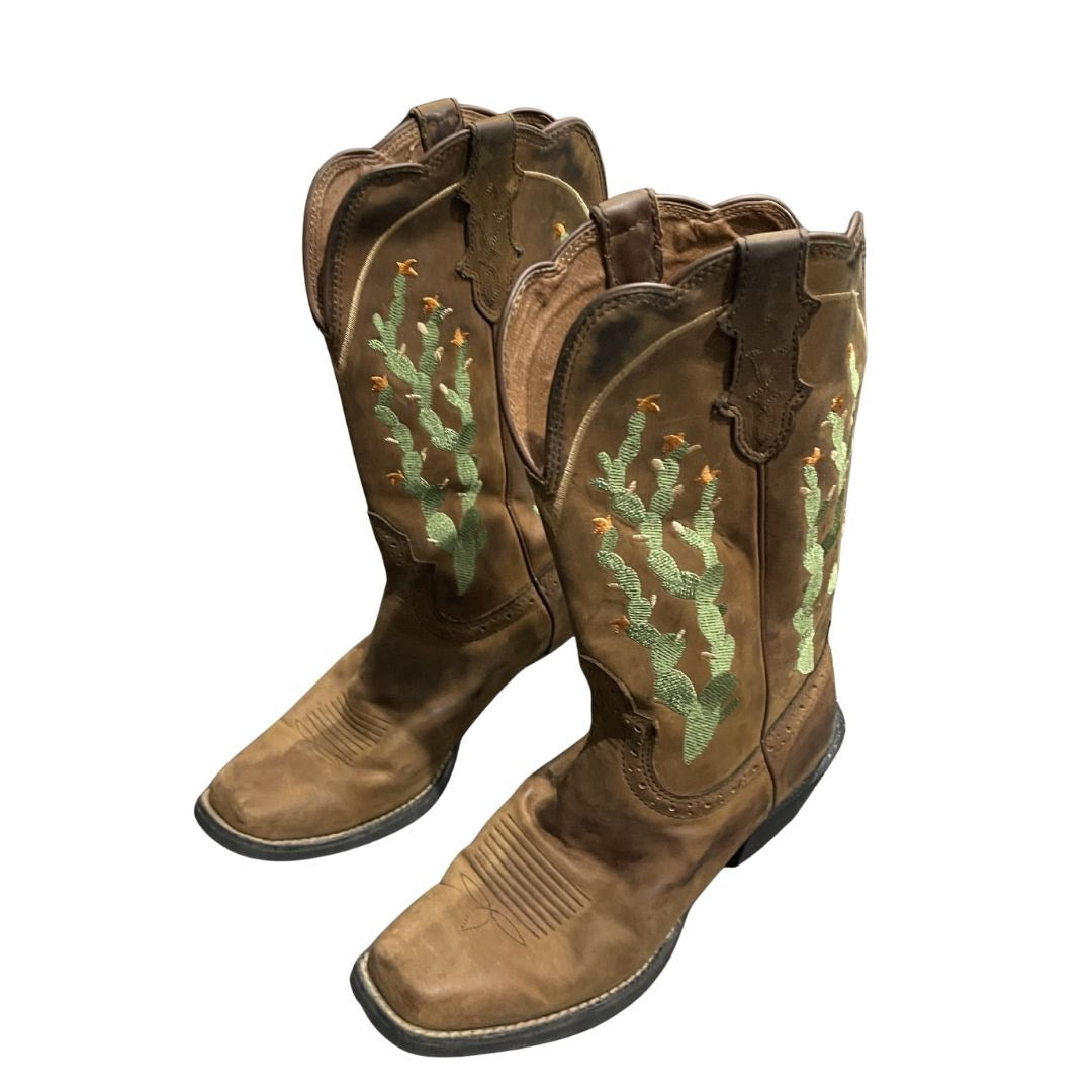 Justin Cowboy Western Boots Embroidered Cactus Shaft 8.5 Square Toe Rubber Sole