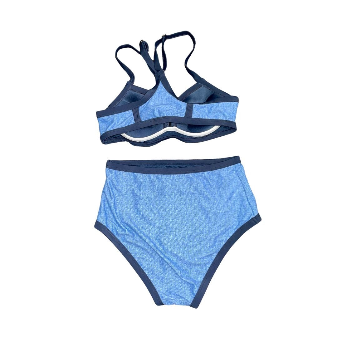 Marilyn Monroe Blue Embroidered Floral High Waisted Two Piece Swimsuit Bikini S