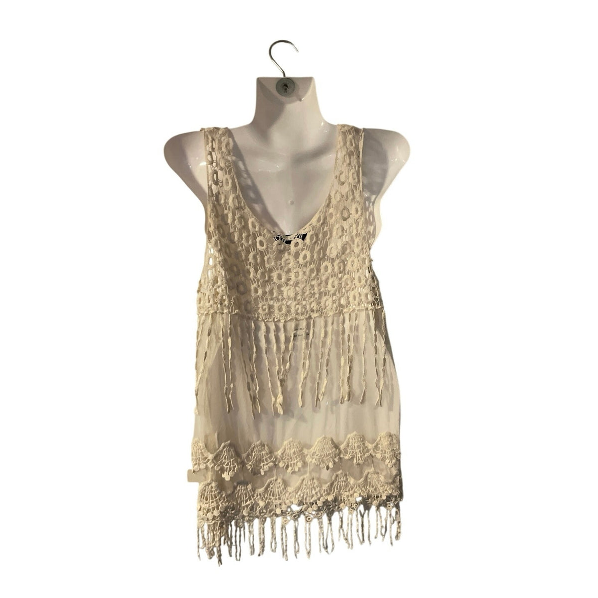 SJS Bohemian Style Crochet Fringe Tank Top SX L Y2K Cover up Coquette Festival