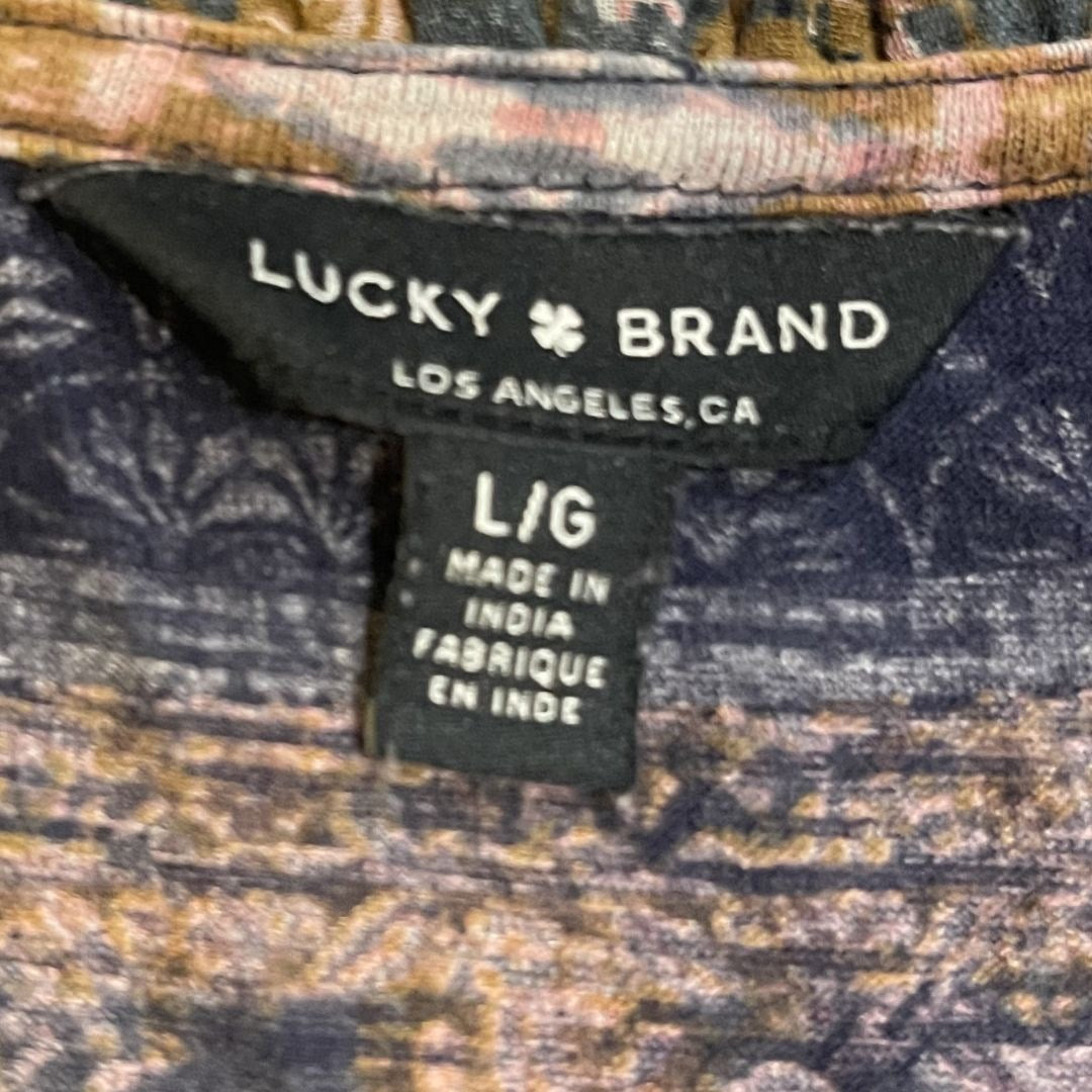 Lucky Brand Bohemian Mixed Media Blouse SZ Large Artsy Chic Teacher Casual Flaw