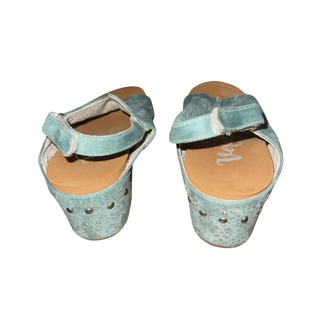 Very G. Free Fly 3 Wedges Turquoise Cork Heel Size 8 Artsy Boho Chic Spring