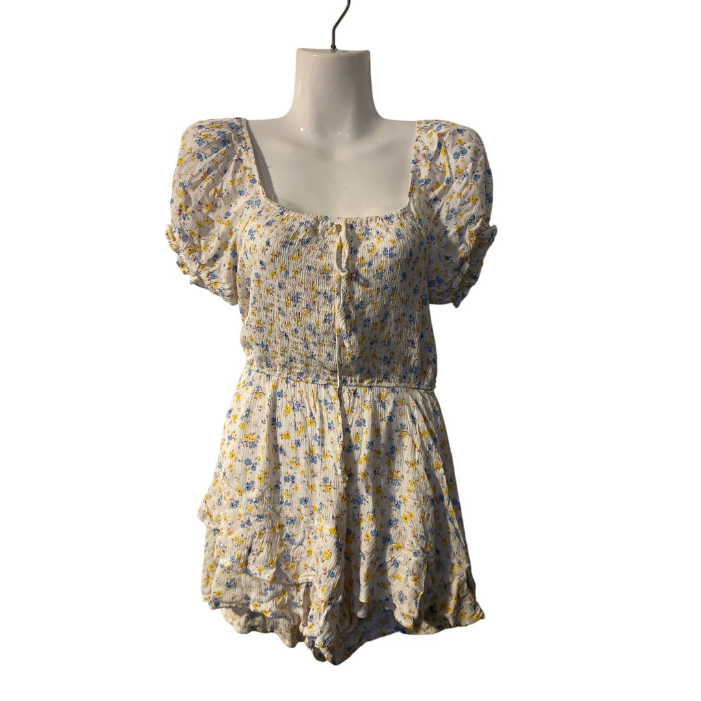 Altar'd State Boho Floral Romper Smoked Ruched Bodice Short Puff Sleeves Flirty