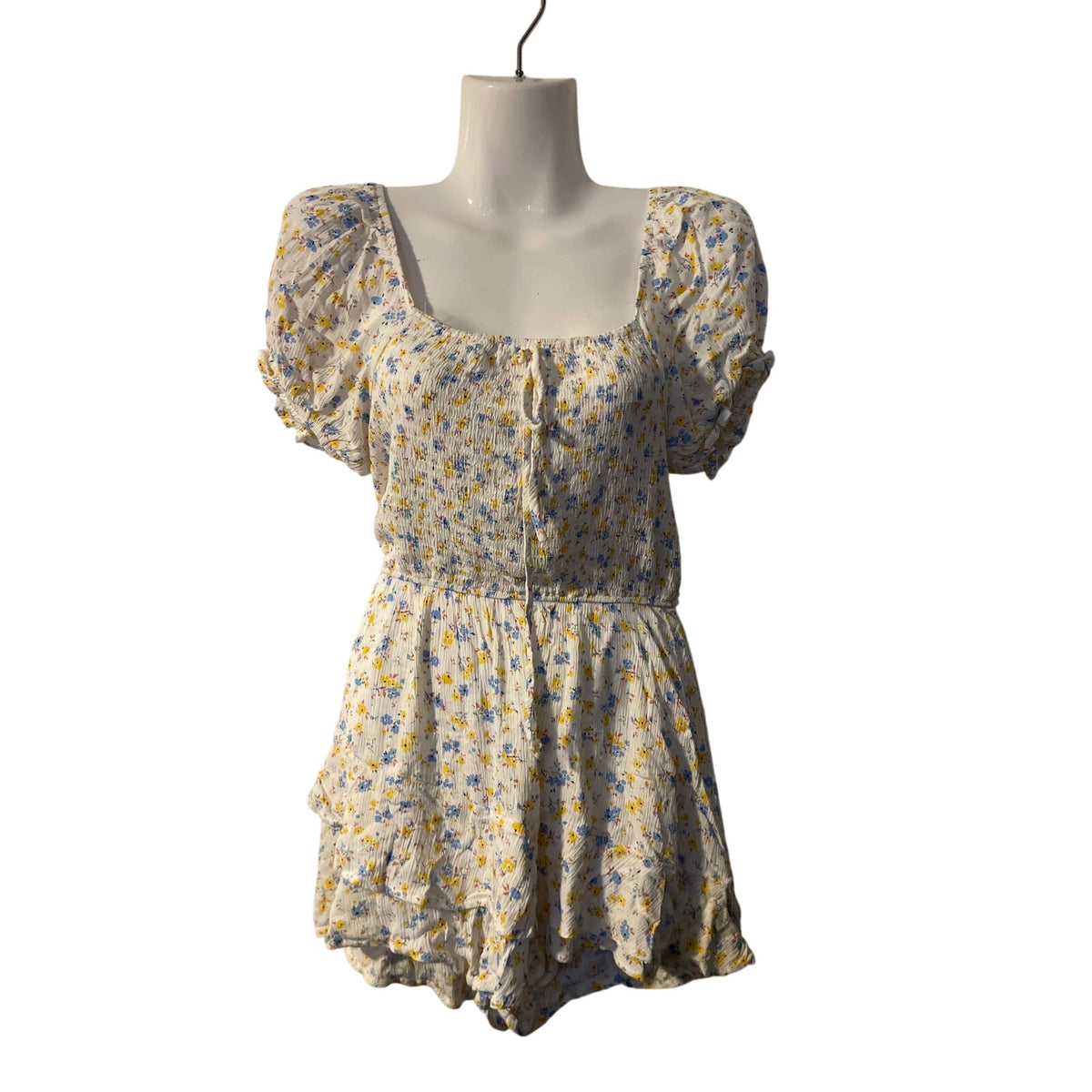 Altar'd State Boho Floral Romper Smoked Ruched Bodice Short Puff Sleeves Flirty