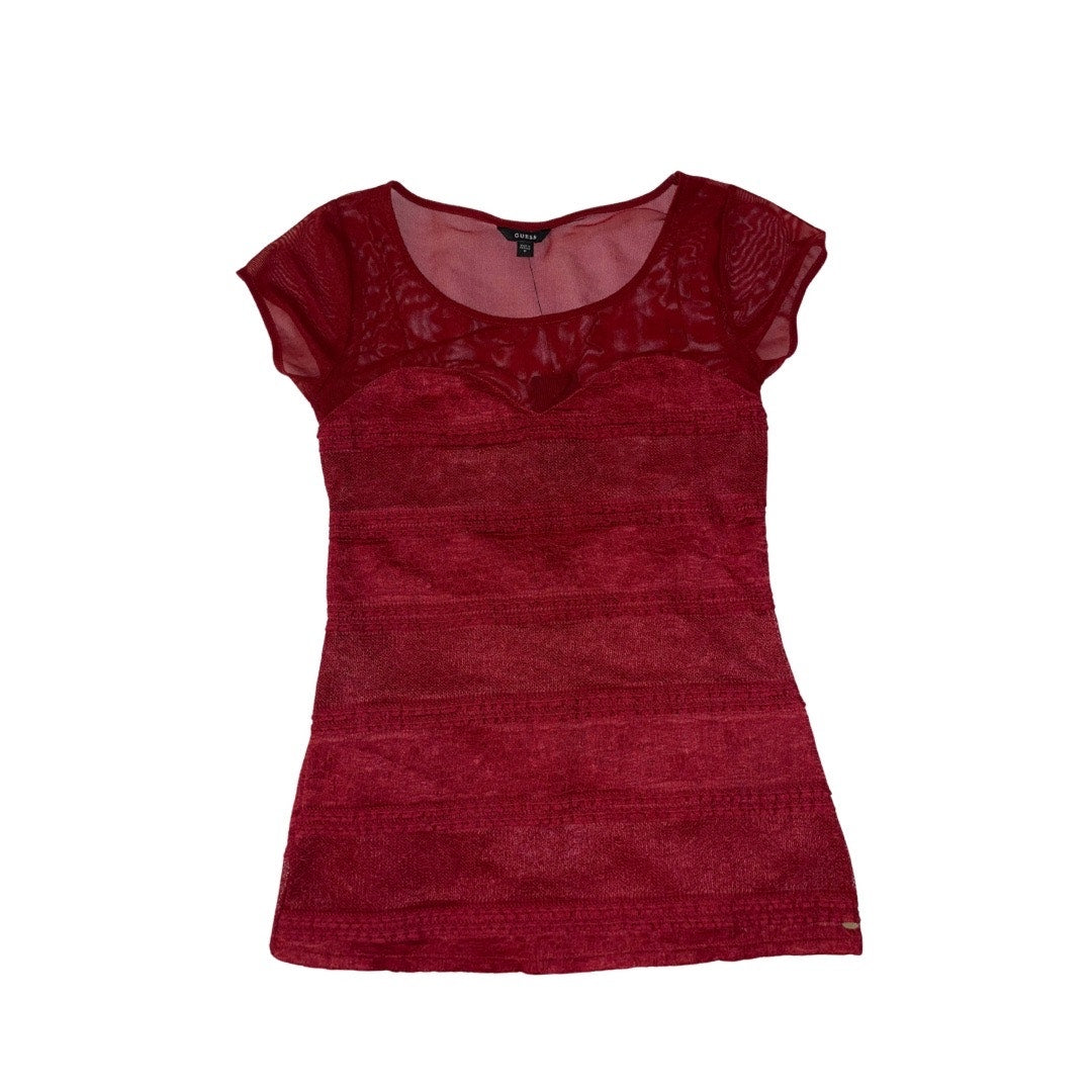 Guess Lace Mesh LillyAna Blouse Top Burgundy Short Sheer Sleeves NWT